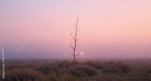 A lone tree with lights in a field under a pastel pink and purple sky at dusk time