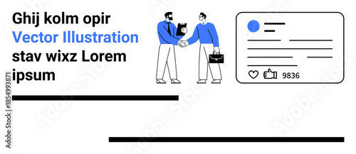 Business communication, online networking, professional agreement, digital marketing, teamwork, social media. Two professionals shaking hands beside a digital profile and social media metrics