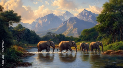 Herd of elephants crossing a river with mountains africa Photo