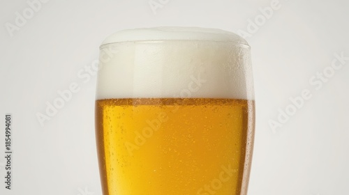 Close up of a glass of beer with a thick white head against a white background view
