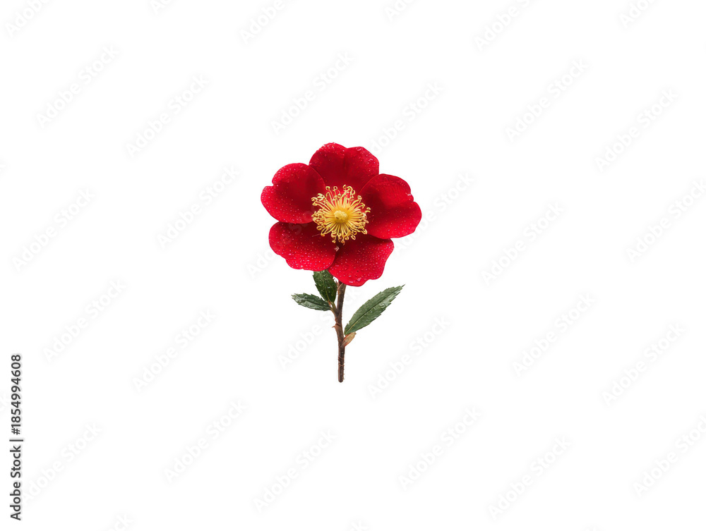 Obraz premium Red camellia flower with yellow stamen and green leaves, isolated on transparency background, symbolizing beauty and elegance, perfect for botanical and floral design concepts