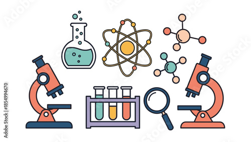 Science laboratory equipment illustration featuring microscopes beakers and molecules.