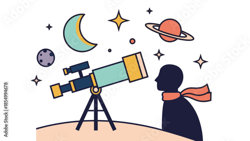 Illustration of a person observing the night sky with a telescope.