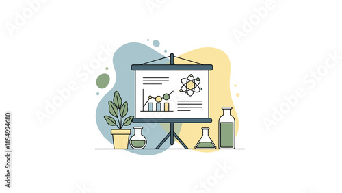 Science Presentation with Atom Model and Data Charts Illustration.