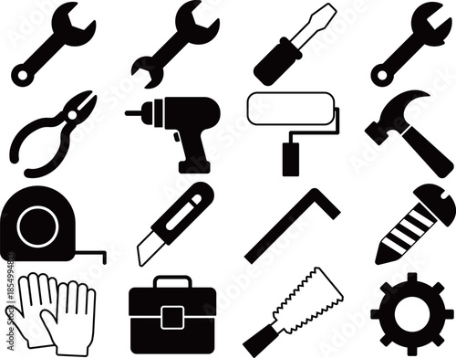 工具のアイコン16種セット　モノトーン