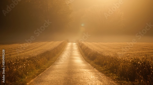A straight road through golden fields disappearing into a hazy and foggy distance