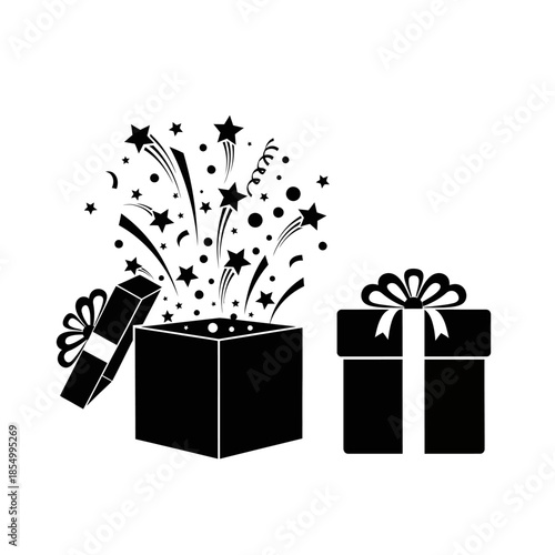 black silhouette of a gift box opening with fireworks and stars illustration