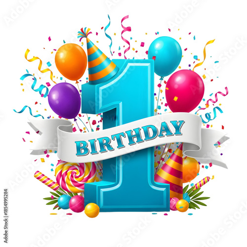 Colorful 1st birthday celebration with balloons isolated on transparent background