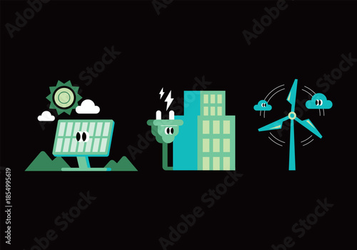Sustainable Energy Solutions Flat Icons. energy saving. resource management. efficiency.