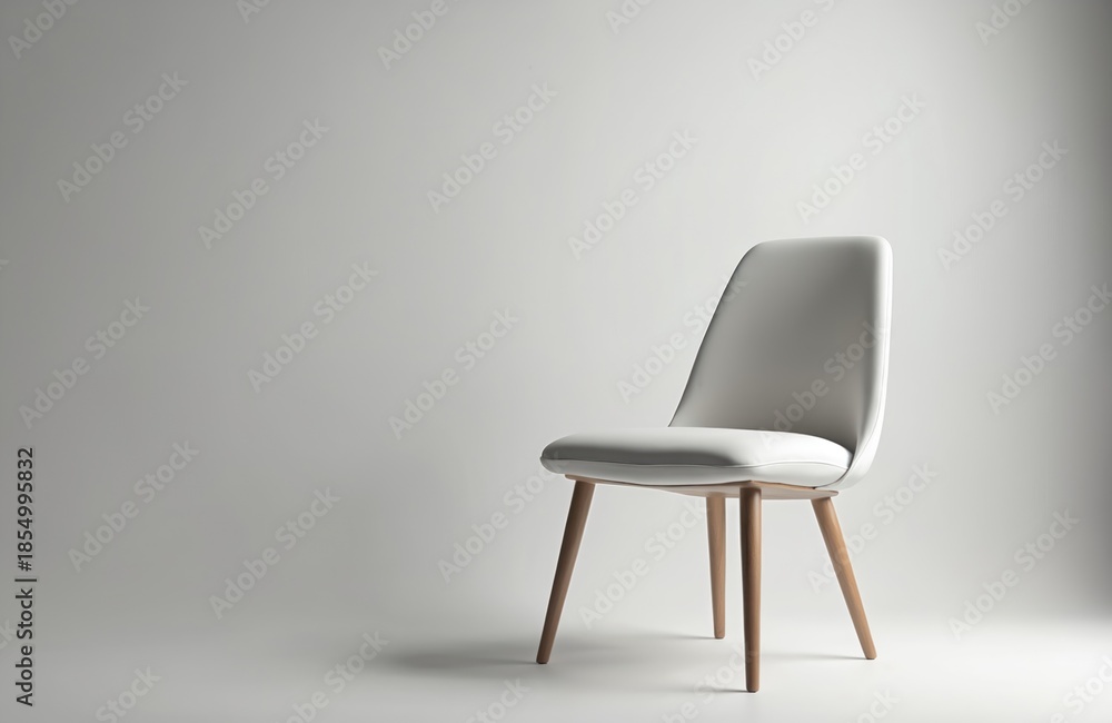 Obraz premium Modern white chair with wooden legs stands alone on white floor and wall. Empty seat offers copy space for text on left. Minimalist furniture design for interior, studio settings, or office.