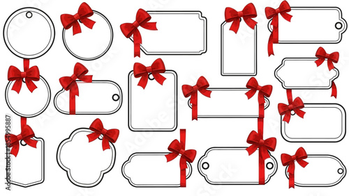 collection of blank gift tags with decorative red ribbons and bows