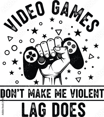 Black and white of a clenched fist holding a game controller surrounded by geometric shapes and text