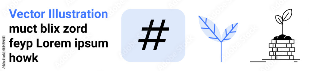 Obraz premium metadata tag in square, minimal twig, stack of coins with sprouting plant. Ideal for technology, branding, social media, growth, ecology, finance simple landing page