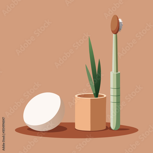 Eco-friendly bamboo toothbrush with natural bristles beside a white egg on terracotta and beige surface.