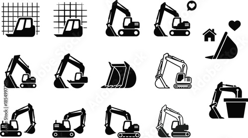 Black excavator on white background construction heavy machinery silhouettes black and white