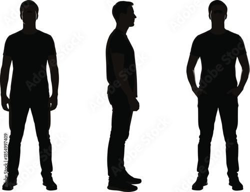 Black silhouette of a man in three poses standing