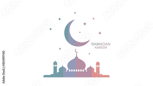 Ramadan Kareem crescent moon and mosque illustration, celebrating the holy month of ramadhan with islamic symbols