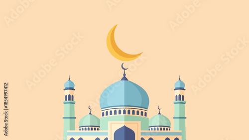 Vibrant illustration of a majestic mosque under a glowing crescent moon, beautifully capturing the sacred spirit and peaceful reflections of the holy month of ramadhan