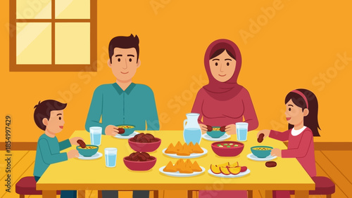 Warm illustration of a Muslim family enjoying a special evening meal during the holy month of Ramadhan, celebrating Iftar together at home