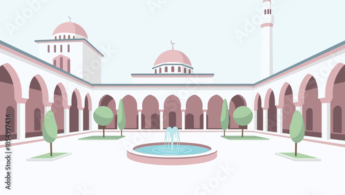Elegant vector illustration of a traditional Islamic courtyard, featuring ornate arches, a serene fountain, and domes, symbolizing tranquility and spiritual reflection during Ramadhan