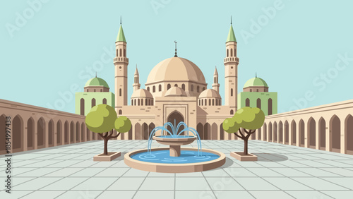 Ramadhan begins with beautiful mosque courtyard featuring fountain and trees, serene atmosphere for reflection