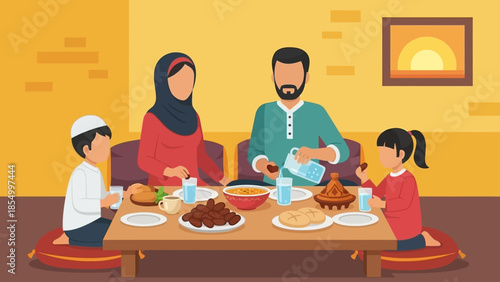 A heartwarming scene of a Muslim family gathering for their traditional Iftar meal at home during the holy month of Ramadhan, sharing food, blessings, and precious moments of togetherness