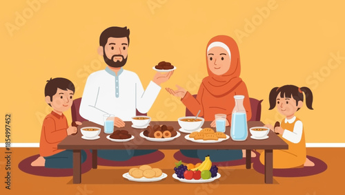 Joyful Ramadhan evening A Muslim family gathers to break their fast with a traditional Iftar meal, celebrating faith and strong family bonds