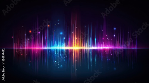 A vibrant digital soundwave visualization with colorful peaks reflecting on a dark background, conveying energy and rhythm.