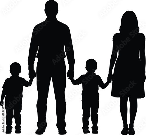 Black silhouette of family with two children holding hands white background parents