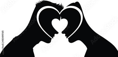 Black silhouette of couple kissing forming heart shape with hands love