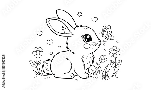 Cute bunny rabbit sitting in flowers with butterfly and ladybug