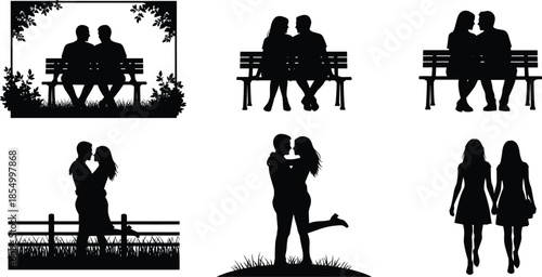Black silhouettes of couples and friends in various romantic and social interactions