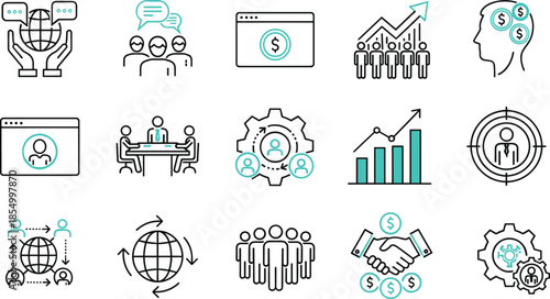 Business management and finance line icons set showing teamwork growth strategy communication investment analytics leadership and global corporate concepts
