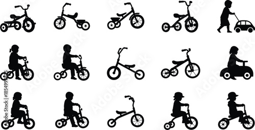 Black silhouettes of children riding tricycles and balance bikes