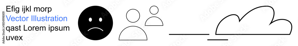 Fototapeta premium Emotions, social interaction, data storage, digital communication, technology, cloud computing. Sad face icon, two user figures and a cloud symbol illustration. Emotions and social interaction