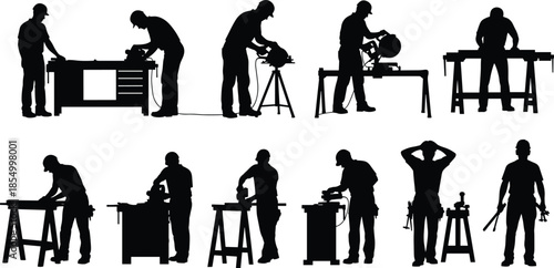 Carpenter and woodworker silhouettes set showing people using power tools woodworking workshop construction industry illustration collection