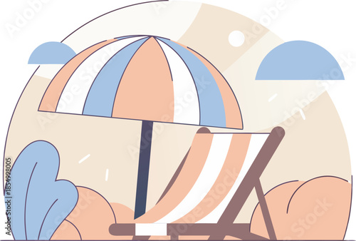 Beach umbrella and striped deck chair with tropical plants under sunshine