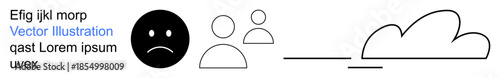 Emotions, social interaction, data storage, digital communication, technology, cloud computing. Sad face icon, two user figures and a cloud symbol illustration. Emotions and social interaction
