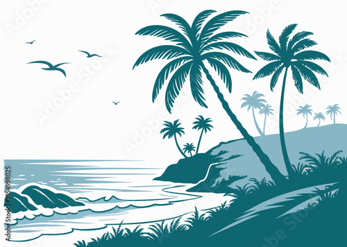 Seascape with palm trees on beach and waves crashing on shore, birds flying in sky