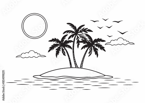 Desert island with palm trees and ocean waves, sun and clouds in sky, seagulls flying