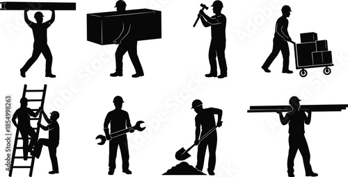 Construction worker silhouettes performing manual labor tasks carrying materials using tools industrial teamwork work safety illustration set