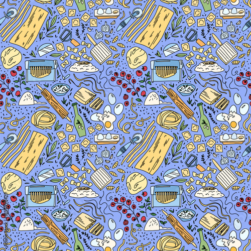 Decorative seamless pattern illustrating the process of homemade pasta making. Hand drawn elements of Italian cuisine fresh dough, eggs, flour, spaghetti and herbs are arranged in a repeating layout. 