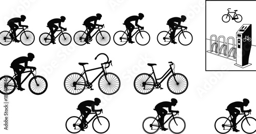 Cyclist and bicycle silhouettes set showing road bike riders cycling poses bike parking station transport illustration collection