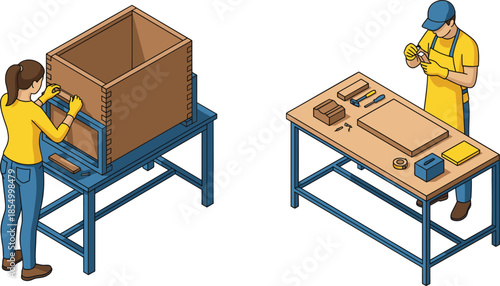Carpentry workshop illustration showing workers assembling wooden box and furniture parts, woodworking process and craft production concept isolated on white background