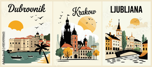Stylized travel poster triptych featuring Dubrovnik, Krakow, and Ljubljana in minimalist art deco style with geometric architecture and warm modernist colors.
