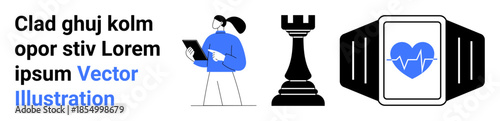 Technology use, strategic planning, personal fitness, digital integration, remote devices, healthcare technology. Woman using tablet, chess rook smartwatch with heart icon. Technology use