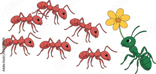 Cartoon ants illustration showing teamwork and communication, insect colony following leader ant with flower, educational nature concept isolated on white background
