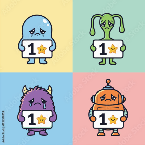 Sad Character Holding One Star Disappointed Rating Board