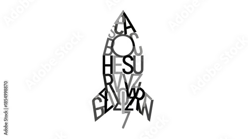 Rocket Ship Made of Words A Creative Typography Illustration in Black and White