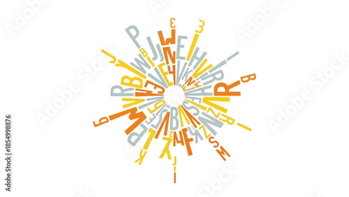 Abstract radial burst of colorful text elements on white background for design and creativity